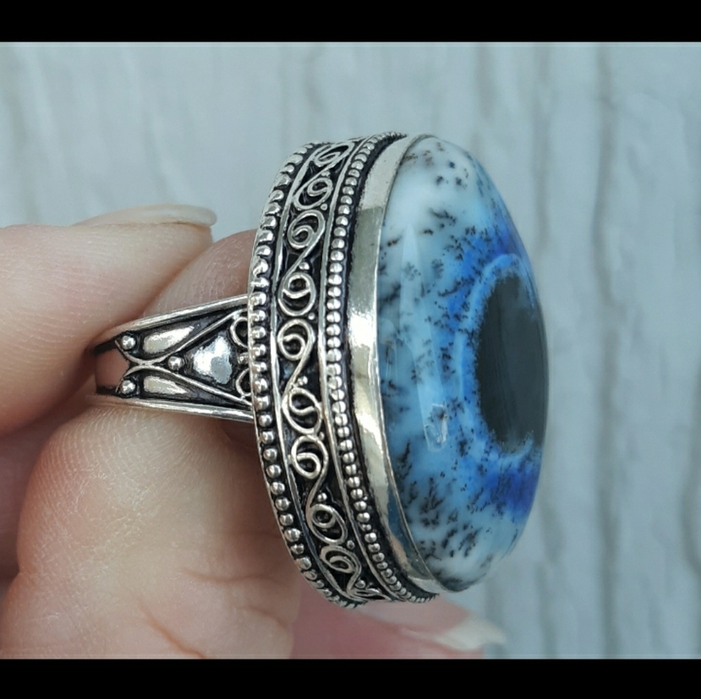 New Dendritic Opal 925 Silver Statement Ring.